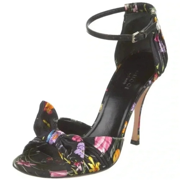 Gucci Black Floral Print Satin Bow Ankle Strap Sandals Heels - Picture 5 of 5